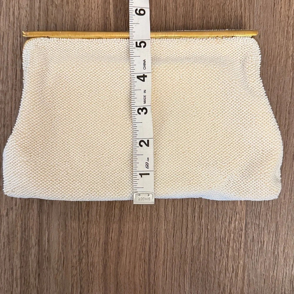 Vntg magid hand beaded made in France Cream wedding Clutch with Gold Trim